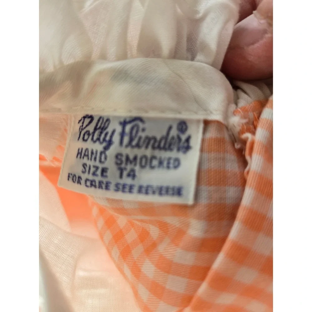 Polly Flinders Vintage Girls Orange Gingham Hand Smocked Dress Size T4 Lace Trim